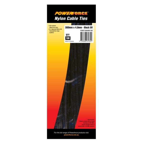 POWERFORCE - CABLE TIE, NYLON - BLACK UV 380mm x 7.6mm [100] PACK