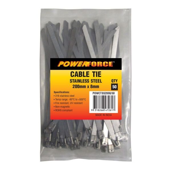 POWERFORCE - CABLE TIE, 316 STAINLESS STEEL 200mm x 8mm [50] PACK