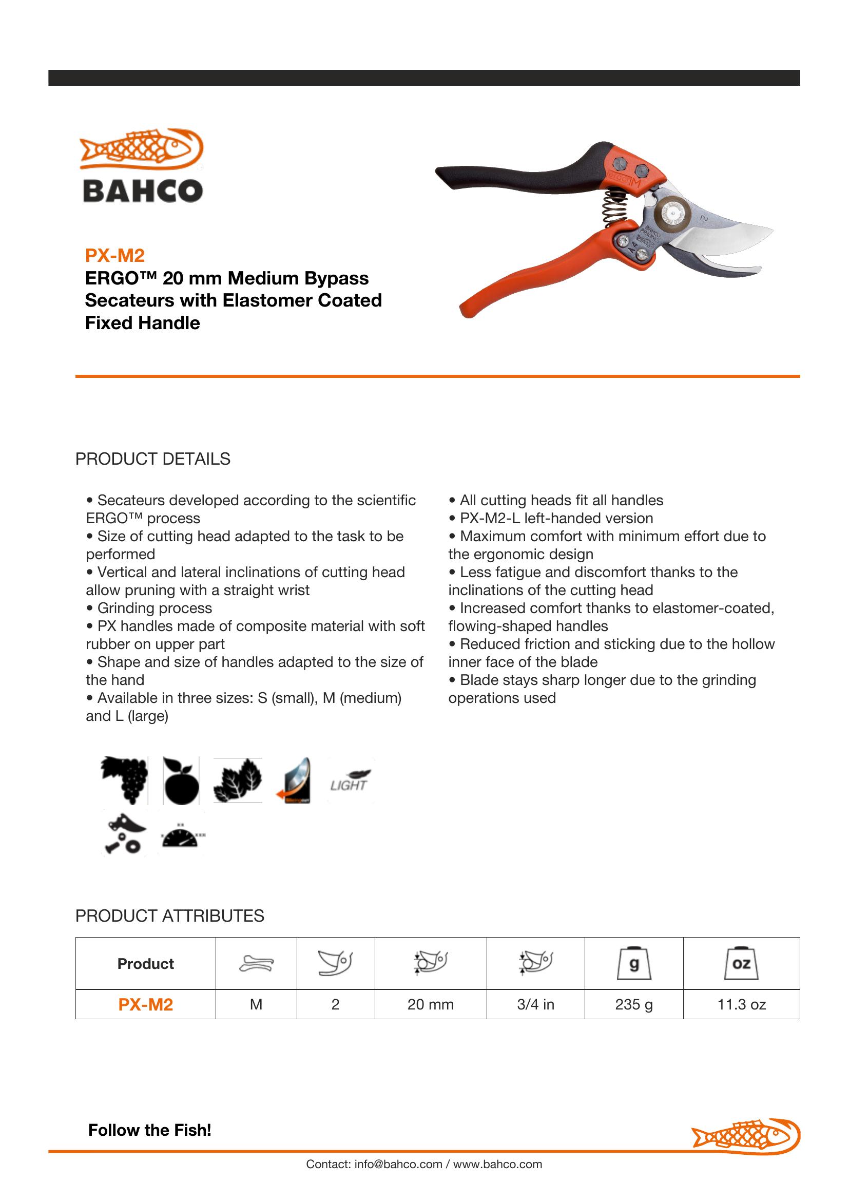Bahco ERGO™ 20 mm Medium Bypass Secateurs with Elastomer Coated Fixed Handle - Image 2