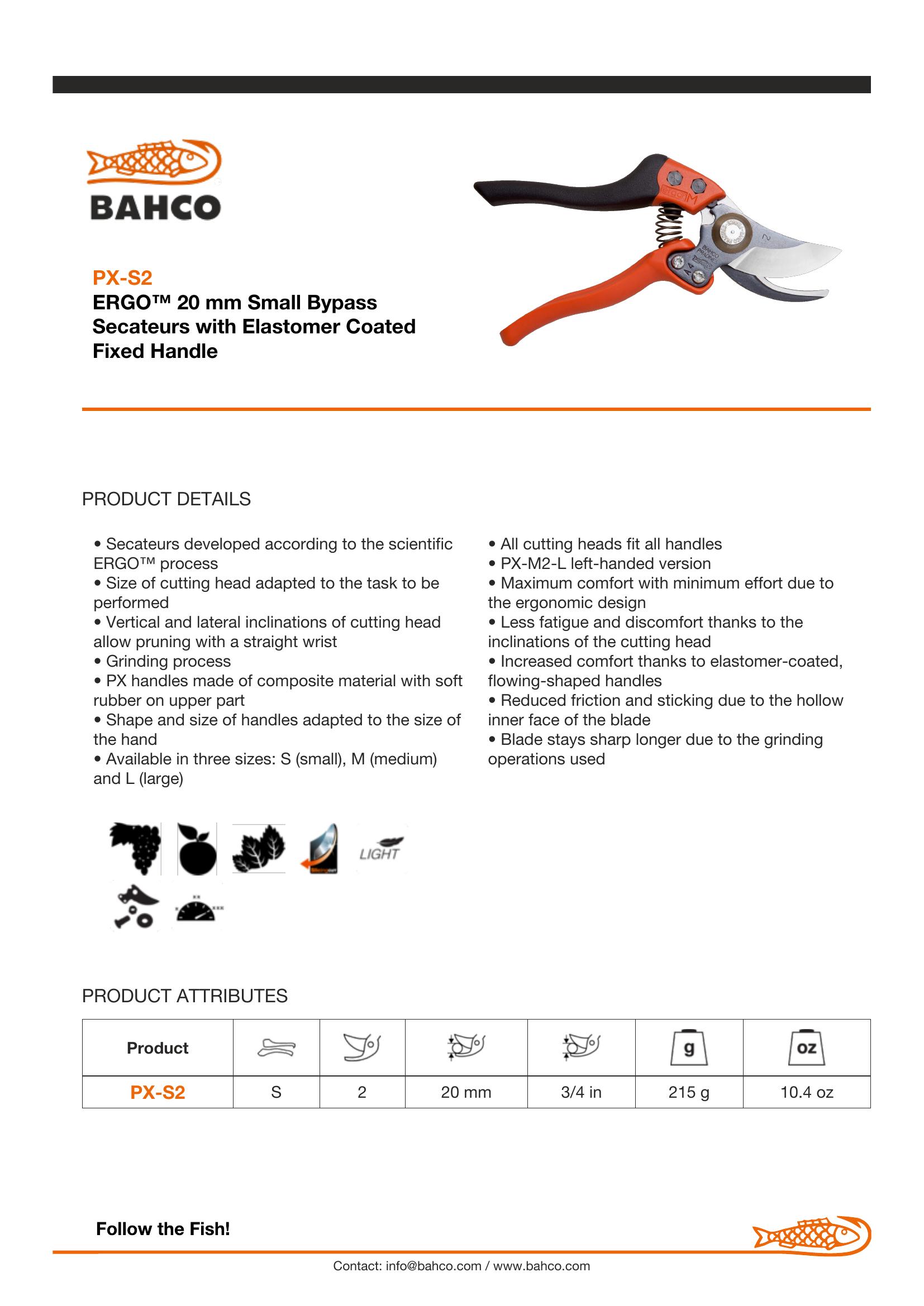 Bahco ERGO™ 20 mm Small Bypass Secateurs with Elastomer Coated Fixed Handle - Image 5