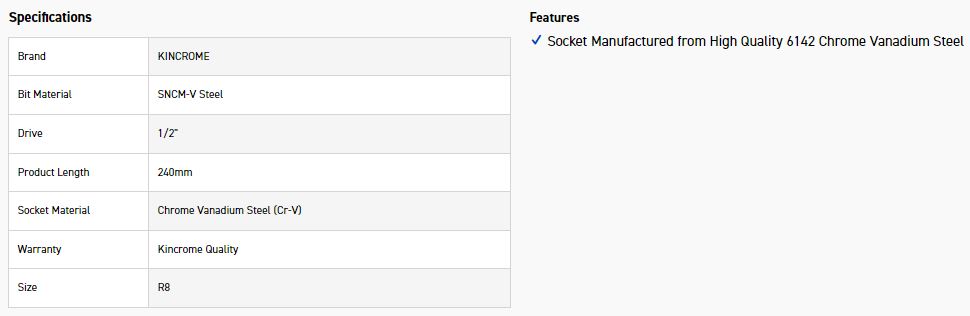 KINCROME RSXXL8 SOCKET RIBE BIT R8-240MM(L) - Image 2