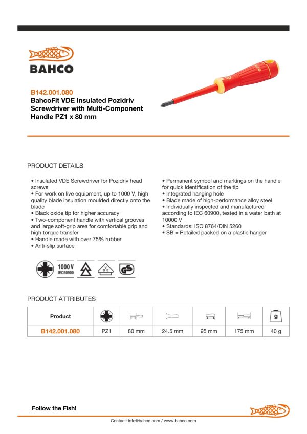 Bahco Pozidriv PZ 1 1000v -blade length 80mm - BahcoFit - Image 3