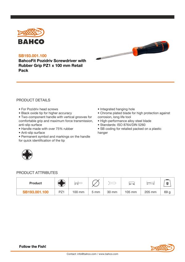Bahco Pozidriv PZ 1 - blade length 100mm - BahcoFit - Image 3
