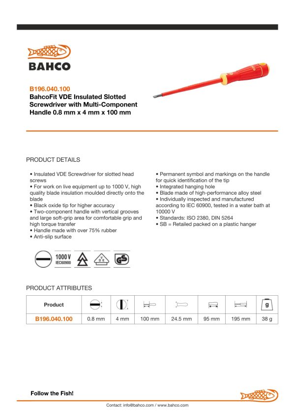 Bahco Slotted 1000v 4mm tip - blade length 100mm - BahcoFit - Image 3