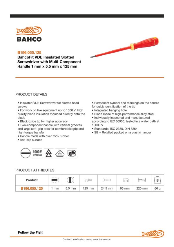 Bahco Slotted 1000v 5.5mm tip - blade length 125mm - BahcoFit - Image 3