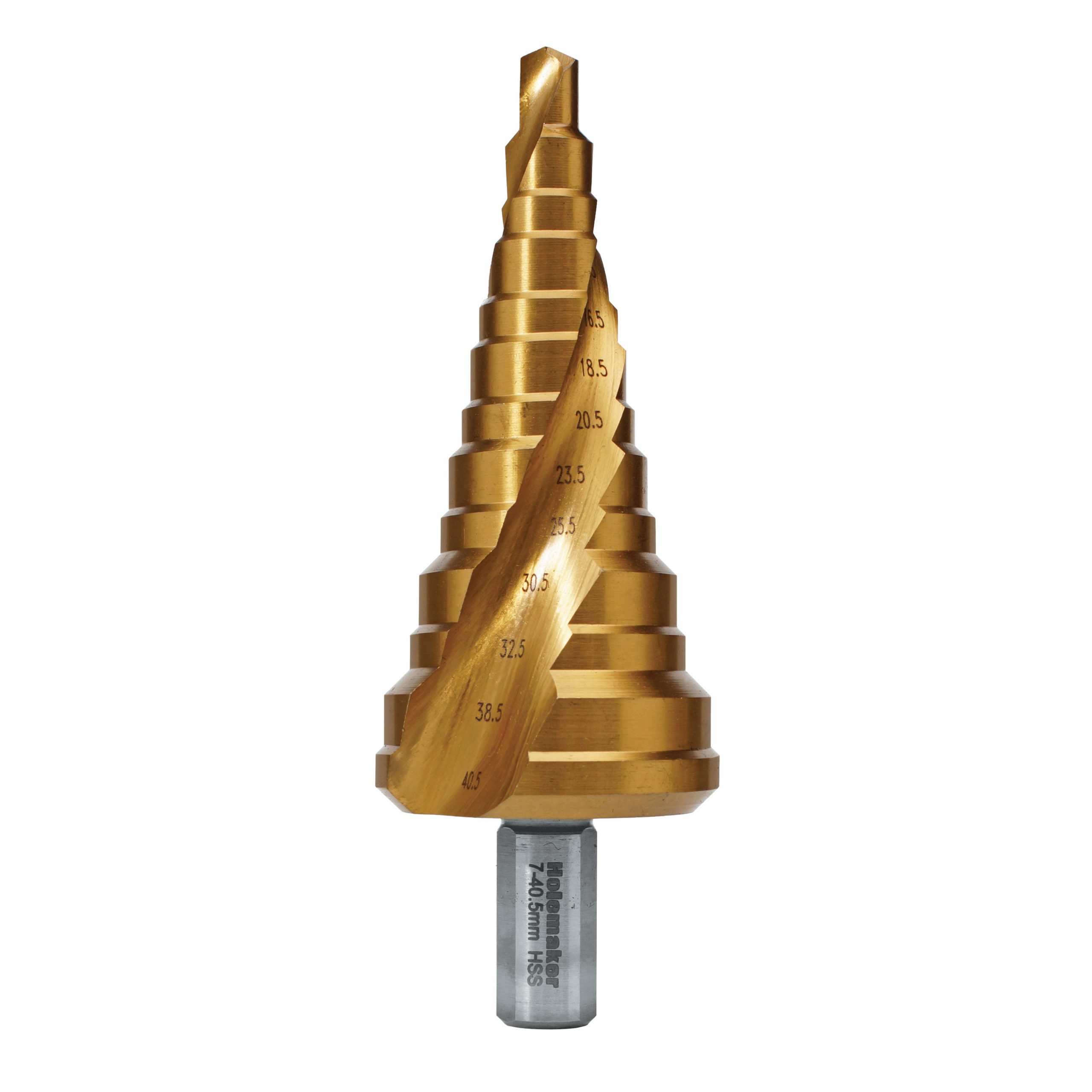 HOLEMAKER STEP DRILL SPIRAL FLUTE, 13 STEPS VARIED STEP LENGTH, 7-40.5MM