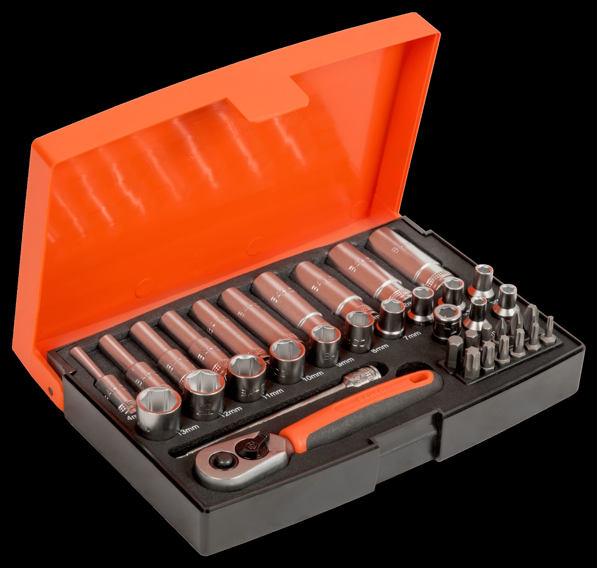 Bahco 1/4" Square Drive Socket and Deep Socket Set with Metric Hex Profile and Screwdriver Bits - 37 Pcs/Case