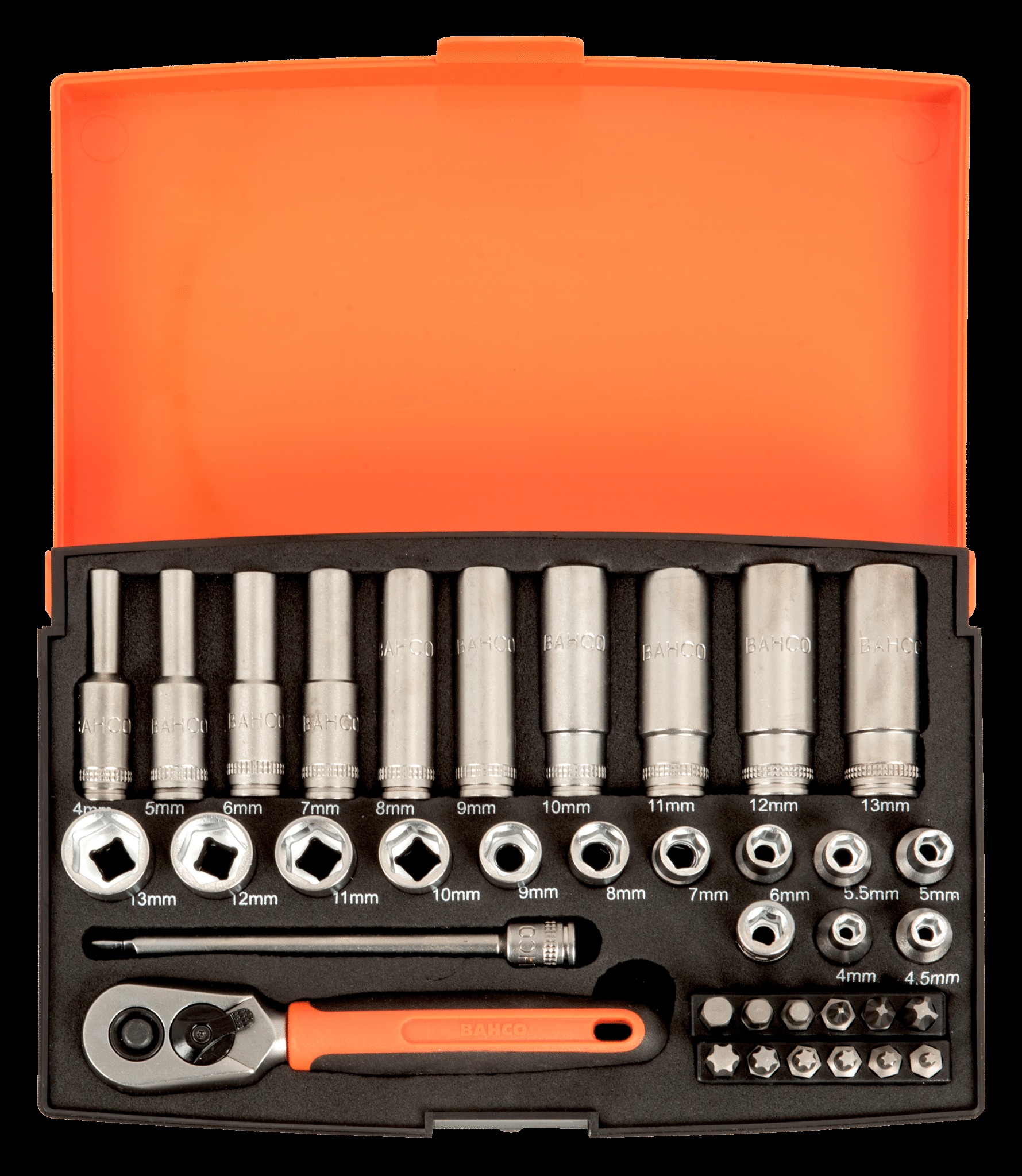 Bahco 1/4" Square Drive Socket and Deep Socket Set with Metric Hex Profile and Screwdriver Bits - 37 Pcs/Case - Image 2