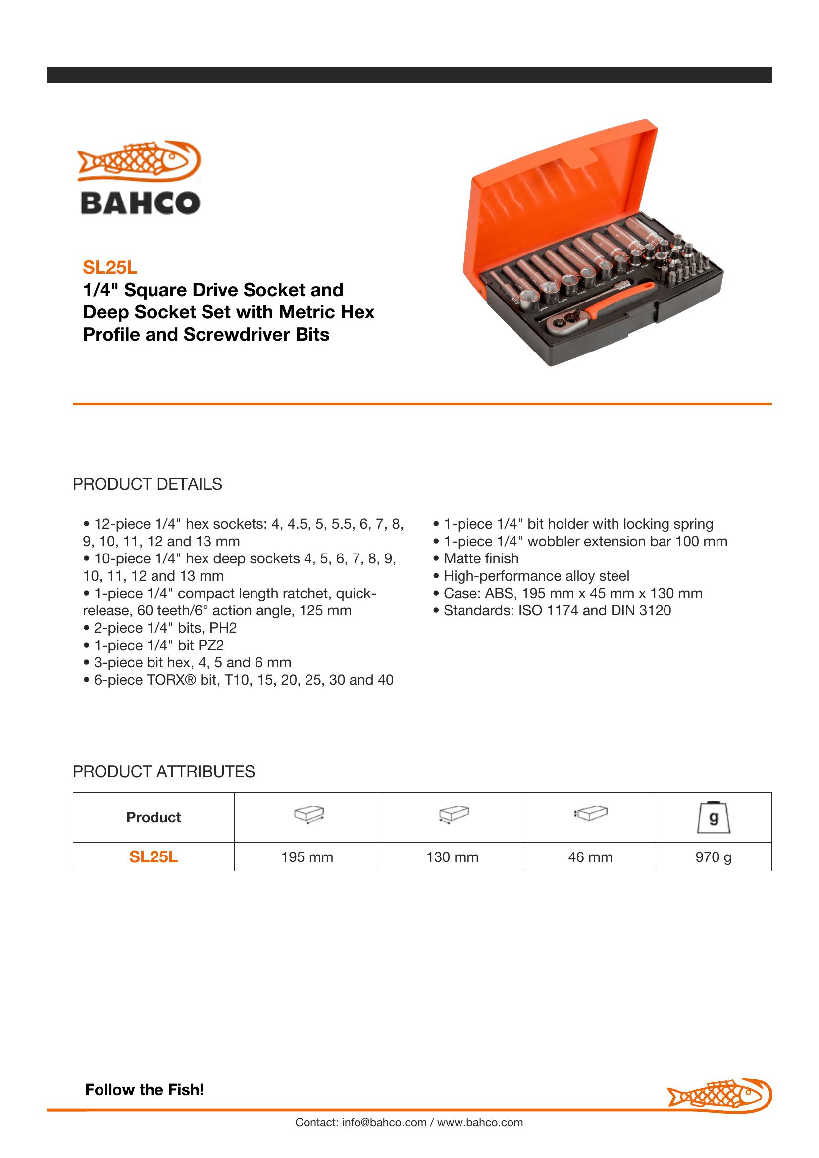 Bahco 1/4" Square Drive Socket and Deep Socket Set with Metric Hex Profile and Screwdriver Bits - 37 Pcs/Case - Image 4