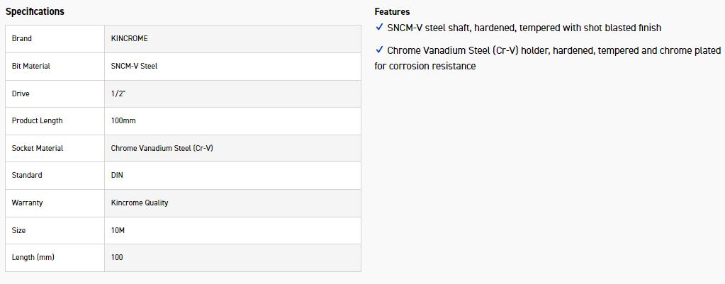 KINCROME SS10M SOCKET SPLINE BIT M10-100MM(L) - Image 3