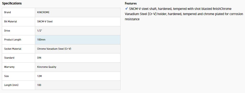 KINCROME SS12M SOCKET SPLINE BIT M12-100MM(L) - Image 3