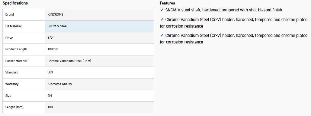 KINCROME SS8M SOCKET SPLINE BIT M8-100MM(L) - Image 3