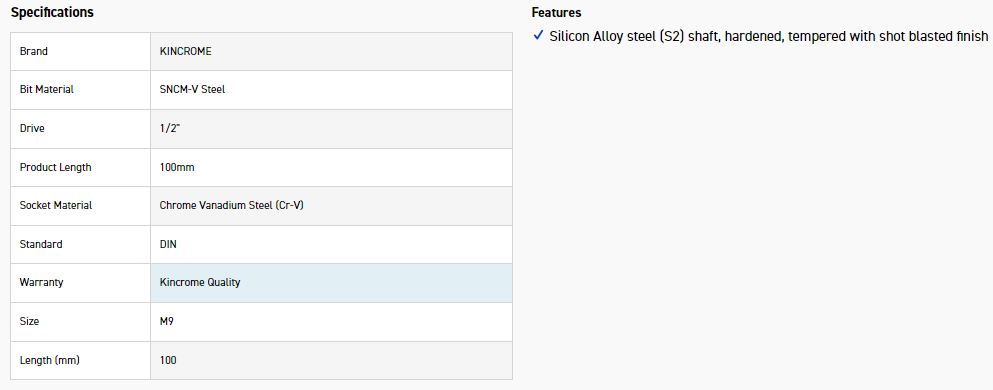 KINCROME SS9M SOCKET SPLINE BIT M9-100MM(L) - Image 2
