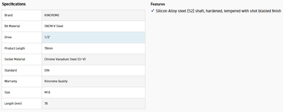 KINCROME SSI18M SPLINE IMPACT M18-78MM(L)-CRMO - Image 2