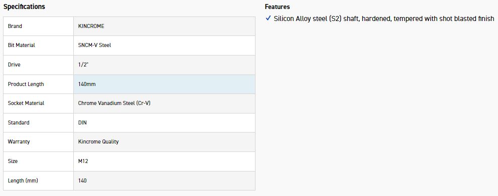 KINCROME SSL12M SOCKET SPLINE BIT M12-140MM(L) - Image 2