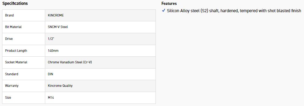 KINCROME SSL14M SOCKET SPLINE BIT M14-140MM(L) - Image 2