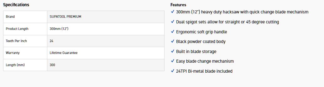 STP STP6300 STP HACKSAW 300MM WITH BLADE - Image 2