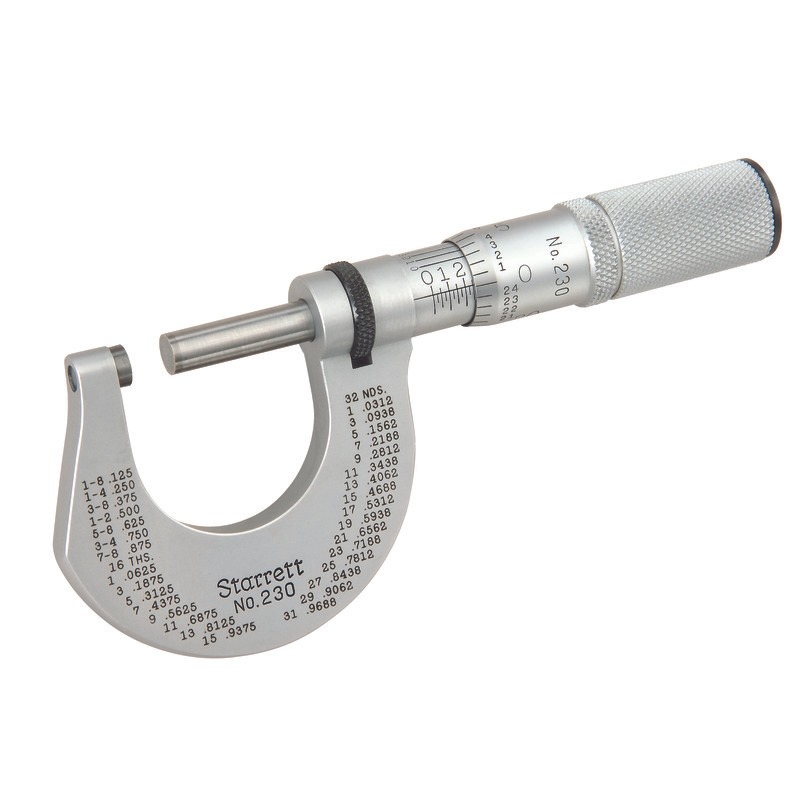 Starrett Micrometer 0-1in Range .0001in Grad Carbide Faces T230XFL Outside Micrometer