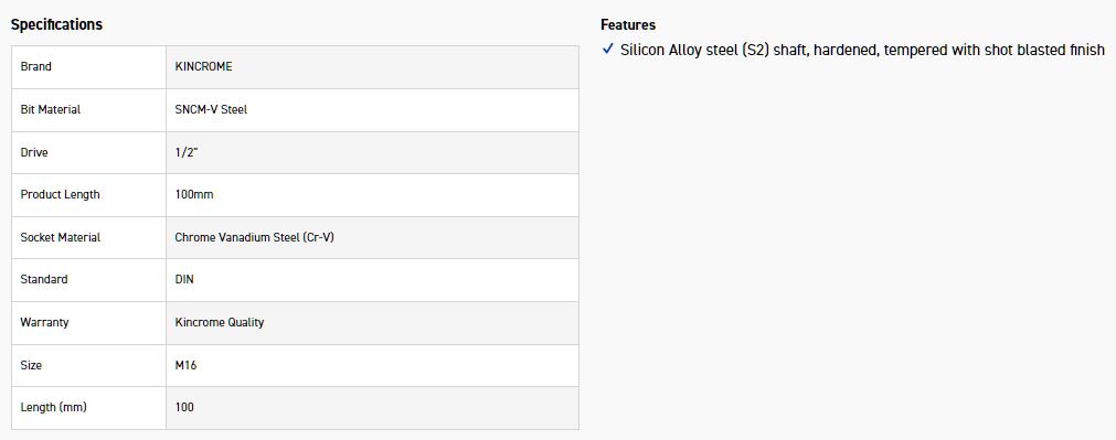 KINCROME TPSS16M SOCKET TP SPLN BT M16-100MM(L) - Image 2
