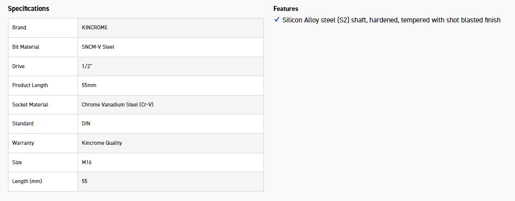 KINCROME TPSSS16M SOCKET TP SPLN BIT M16-55MM(L) - Image 2