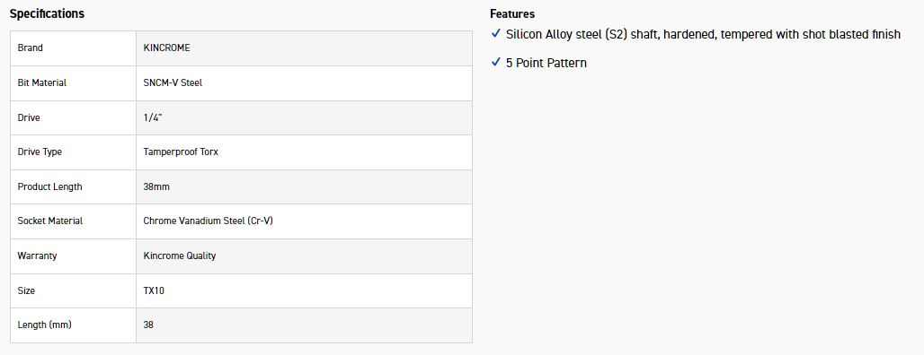 KINCROME TPTSST10 TX10 1/4D 5PT T/PROOF TORX BIT - Image 2