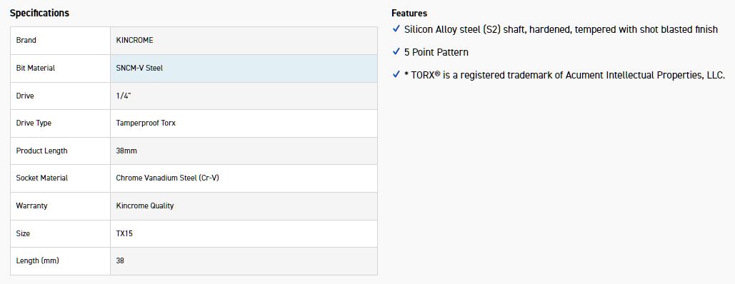 KINCROME TPTSST15 TX15 1/4D 5PT T/PROOF TORX BIT - Image 2
