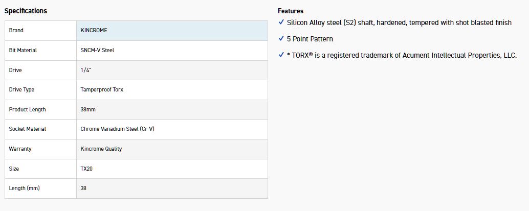 KINCROME TPTSST20 TX20 1/4D 5PT T/PROOF TORX BIT - Image 2