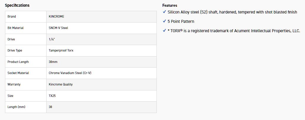 KINCROME TPTSST25 TX25 1/4D 5PT T/PROOF TORX BIT - Image 2