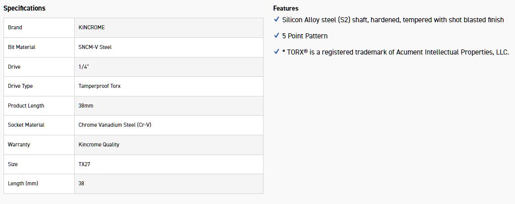 KINCROME TPTSST27 TX27 1/4D 5PT T/PROOF TORX BIT - Image 2