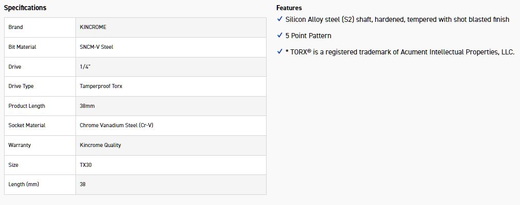KINCROME TPTSST30 TX30 1/4D 5PT T/PROOF TORX BIT - Image 2