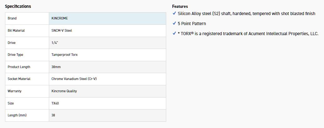 KINCROME TPTSST40 TX40 1/4D 5PT T/PROOF TORX BIT - Image 2