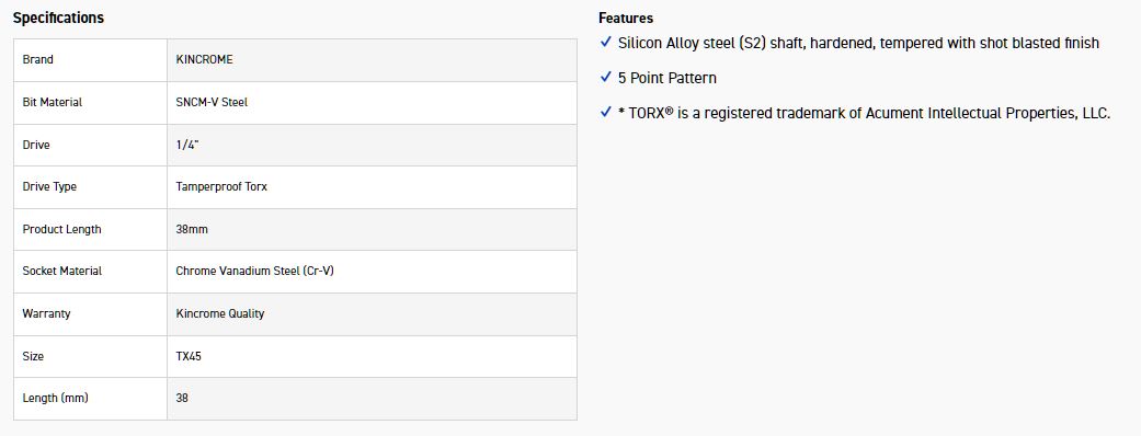 KINCROME TPTSST45 TX45 1/42D 5PT T/PROOF TORX BI - Image 2