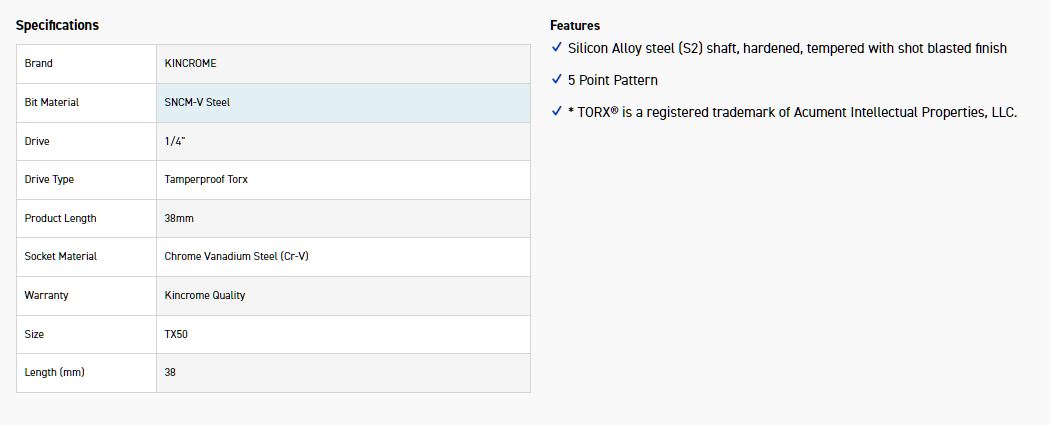 KINCROME TPTSST50 TX50 1/4D 5PT T/PROOF TORX BIT - Image 2