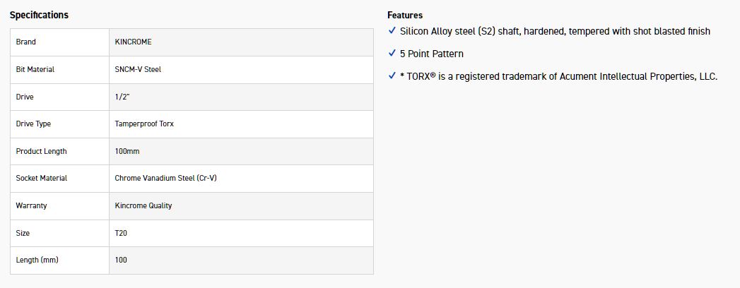 KINCROME TPTST20 SOCKET TP TRX BIT T20-100MM(L) - Image 2