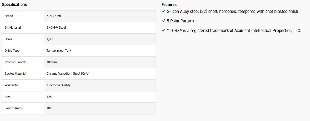 KINCROME TPTST25 SOCKET TP TRX BIT T25-100MM(L) - Image 2