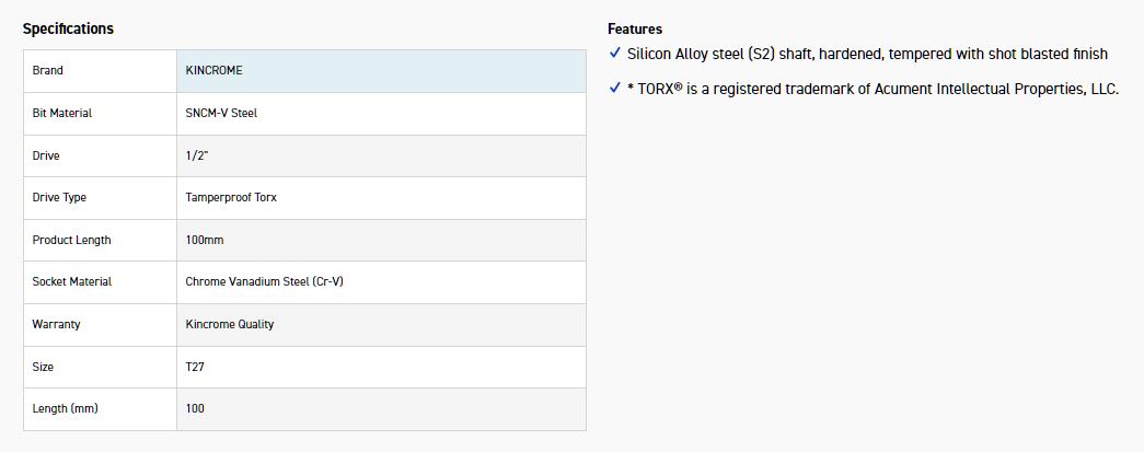 KINCROME TPTST27 SOCKET TP TRX BIT T27-100MM(L) - Image 2