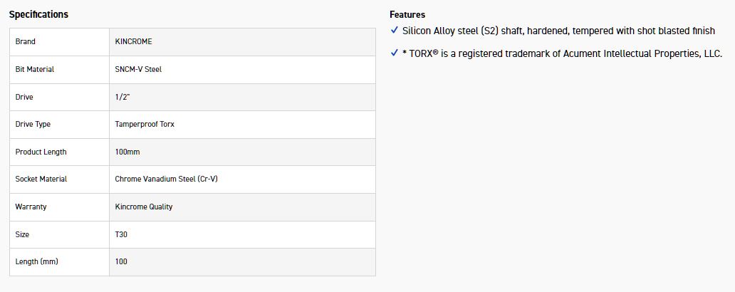 KINCROME TPTST30 SOCKET TP TRX BIT T30-100MM(L) - Image 2