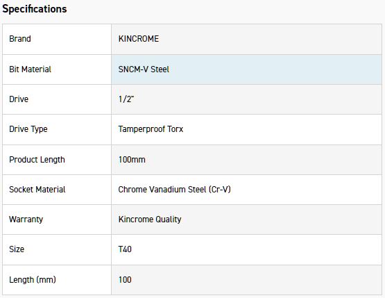 KINCROME TPTST40 SOCKET TP TRX BIT T40-100MM(L) - Image 2