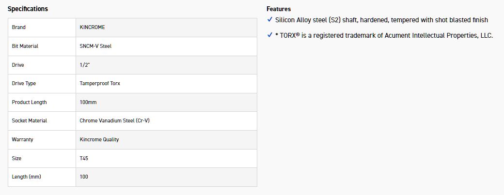 KINCROME TPTST45 SOCKET TP TRX BIT T45-100MM(L) - Image 2