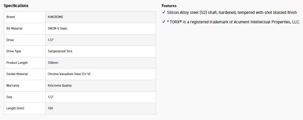 KINCROME TPTST50 SOCKET TP TRX BIT T50-100MM(L) - Image 2