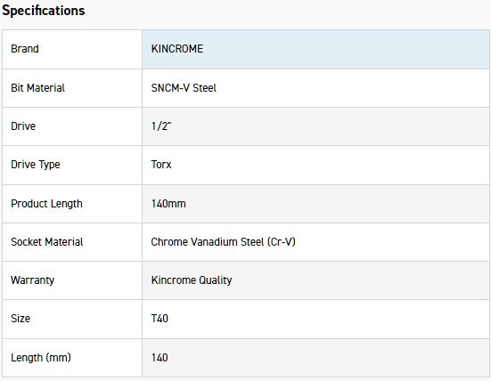 KINCROME TSLT40 SOCKET TORX BIT T40-140MM(L) - Image 2