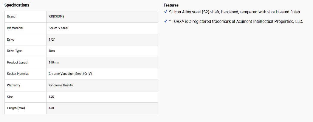 KINCROME TSLT45 SOCKET TORX BIT T45-140MM(L) - Image 2