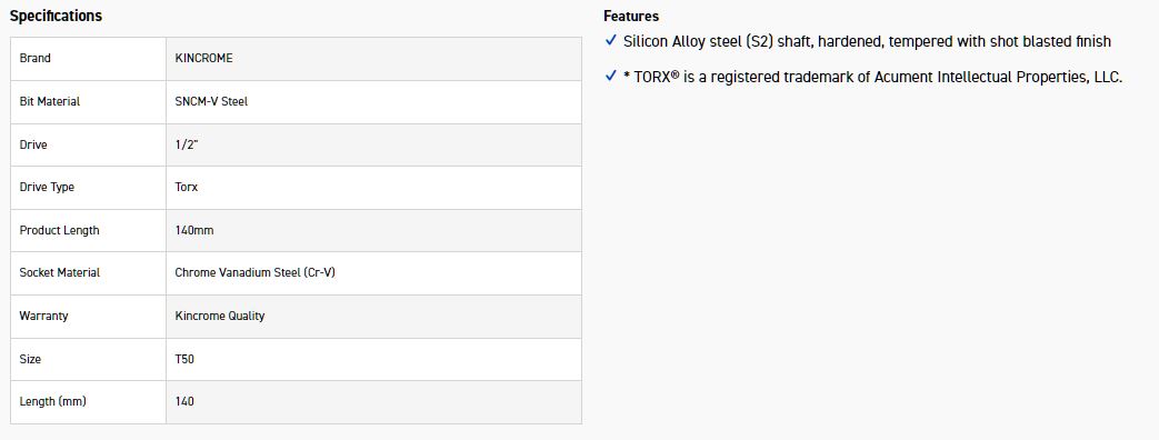 KINCROME TSLT50 SOCKET TORX BIT T50-140MM(L) - Image 2
