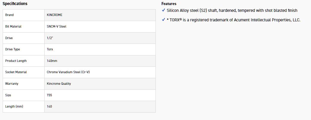 KINCROME TSLT55 SOCKET TORX BIT T55-140MM(L) - Image 2