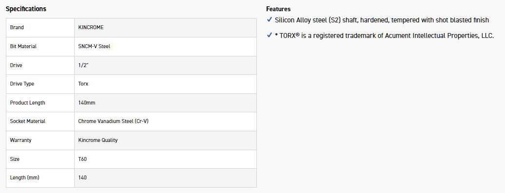 KINCROME TSLT60 SOCKET TORX BIT T60-140MM(L) - Image 2