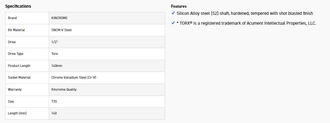 KINCROME TSLT70 SOCKET TORX BIT T70-140MM(L) - Image 2