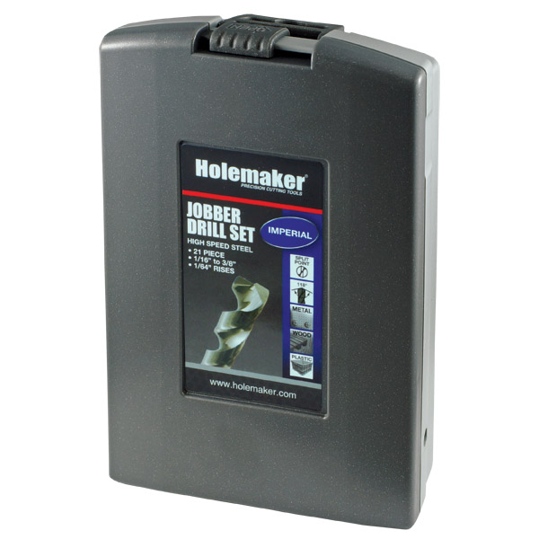 HOLEMAKER JOBBER DRILL SET IN ABS CASE, 118* SPLIT POINT, IMPERIAL, 21PCE 1/16 - 3/8" X 1/64"