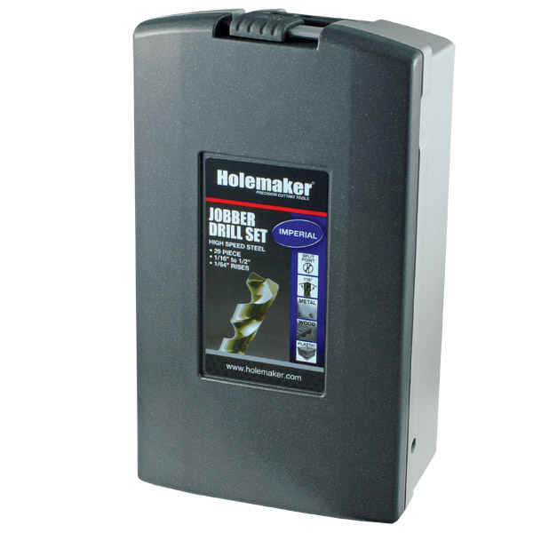 HOLEMAKER JOBBER DRILL SET IN ABS CASE, 118* SPLIT POINT, IMPERIAL, 29 PCE 1/16 - 1/2" X 1/64"