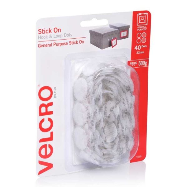 VELCRO - VELCRO STICK ON DOTS, WHITE 22mm DIA, [40] SETS ON A ROLL