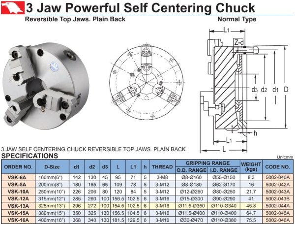 Vertex - 3 Jaw Self Centering Lathe Chuck 400mm - Image 2